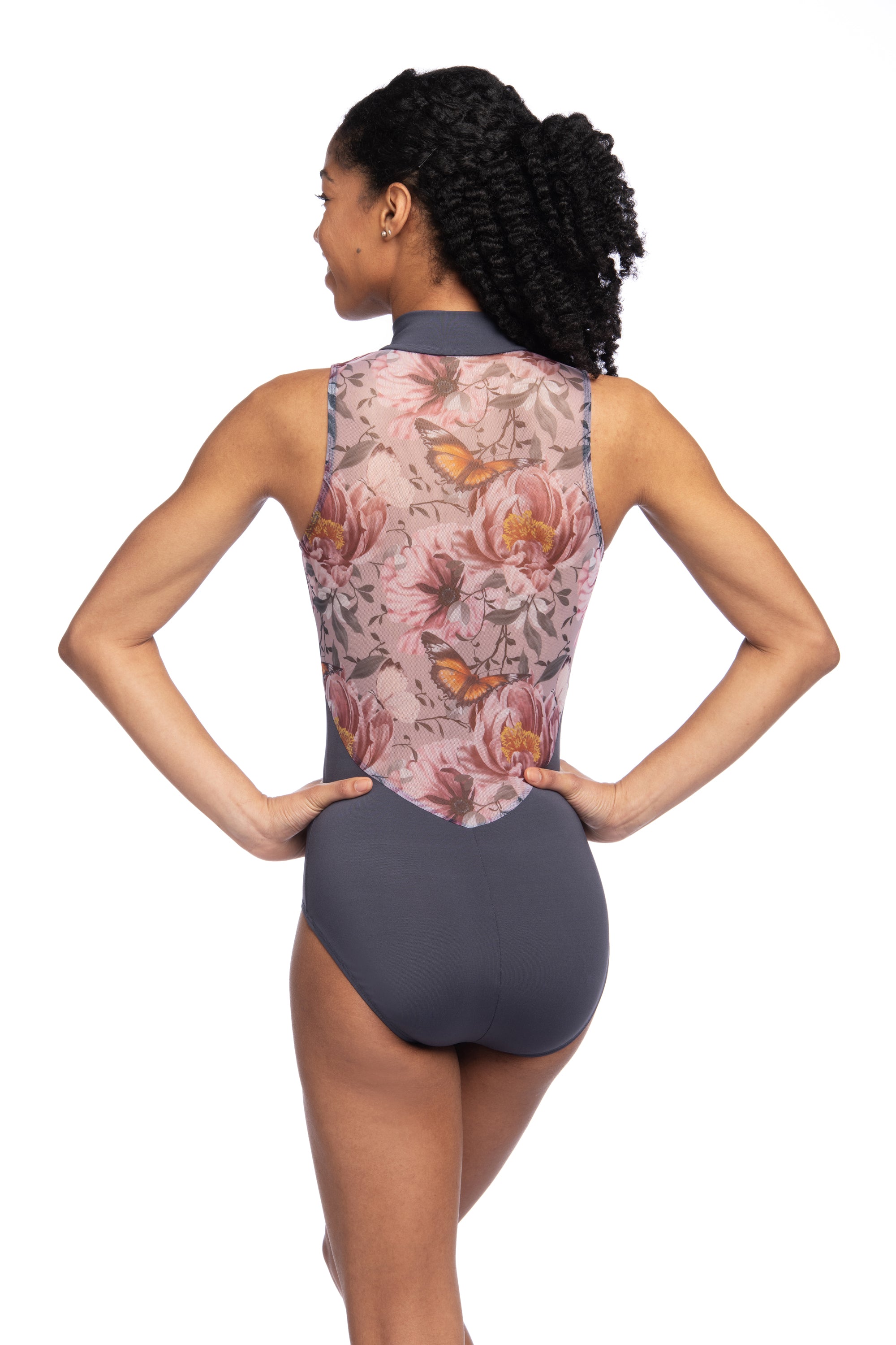 Ainsliewear zip front ballet leotard with butterfly bloom patterned mesh